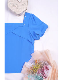 Dual Side Pearl Details Square Neck Puff Sleeve Frill Top (Blue)